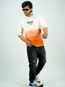 White & Orange Ombre Baggy T-Shirt – “OPEN UP” Streetwear Graphic Tee