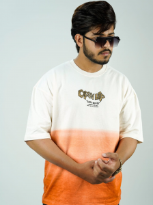 White & Orange Ombre Baggy T-Shirt – “OPEN UP” Streetwear Graphic Tee