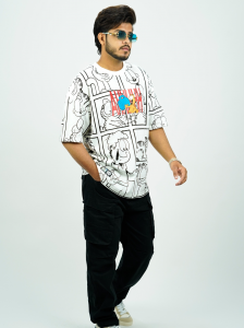 Oversized Cartoon Graphic Comic Print T-Shirt – White Cotton Streetwear Tee