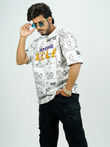 Men’s White Garfield Oversized T-Shirt with Comic Strip Graphic Print