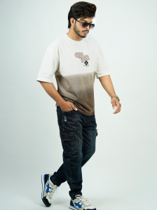 Graffiti Print Ombre Baggy T-Shirt – White & Brown Gradient