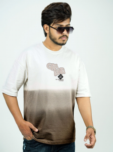 Graffiti Print Ombre Baggy T-Shirt – White & Brown Gradient
