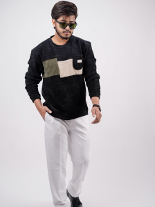 Woolen Winter T-Shirt – Warm Patchwork Knit Long Sleeve Tee