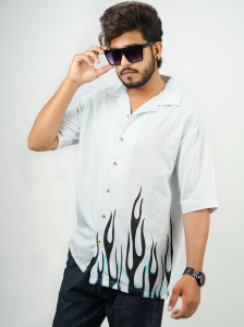 Men’s Baggy Flame Print Shirt – Casual Half Sleeve Oversized Shirt