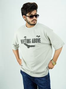 Oversized Baggy Cotton T-Shirt for Men – Graphic Streetwear “Waiting Above / Scavenge” Print in Light Grey