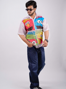 BOOM Smart Cartoon Printed Baggy Lilan Shirt – Multicolor Fun Streetwear Style