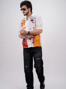 Baggy Cartoon Printed Shirt for Men | Off-White Lilan Fabric Oversized Streetwear